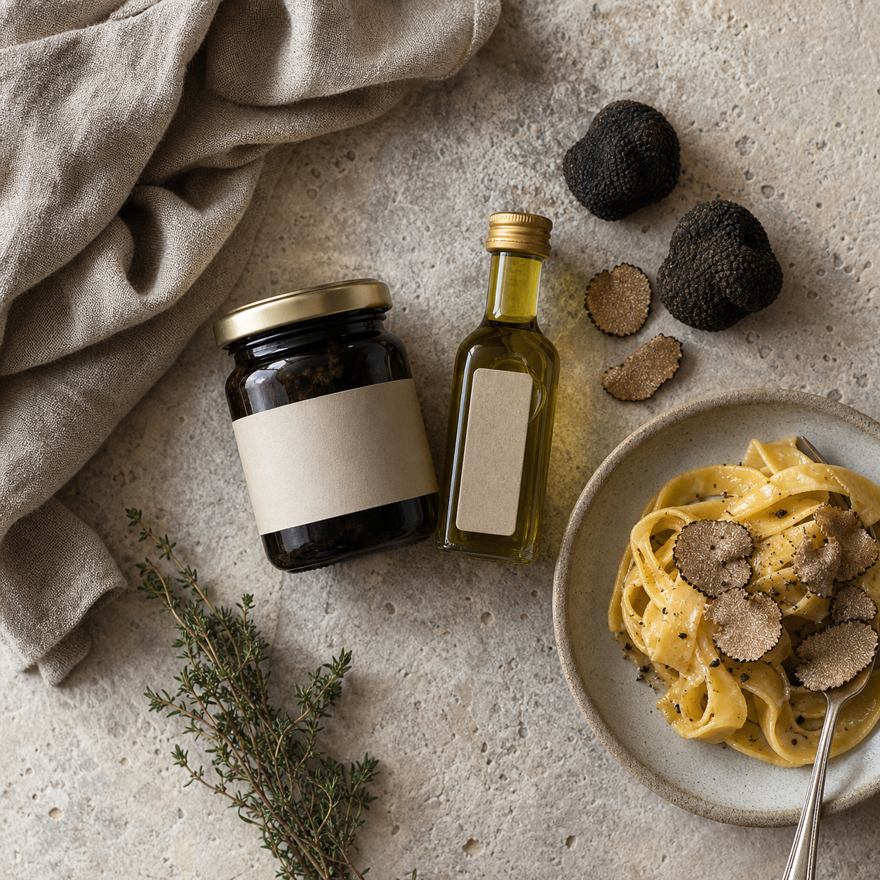 A truffle product flat lay with pasta, oil, herbs, and linen