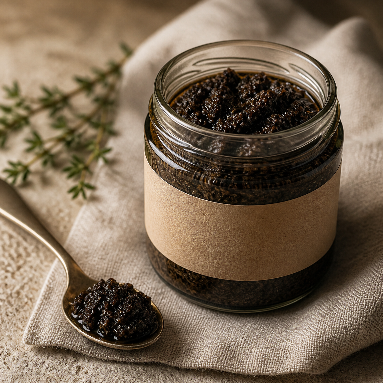An open jar of black truffle sauce with a spoon