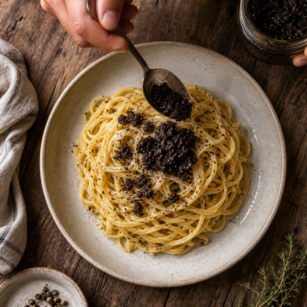 Pasta being finished with black truffle sauce