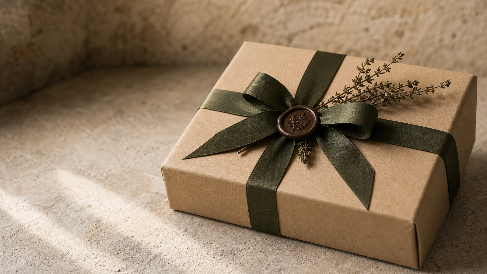A hand-wrapped truffle gift box with ribbon and wax seal