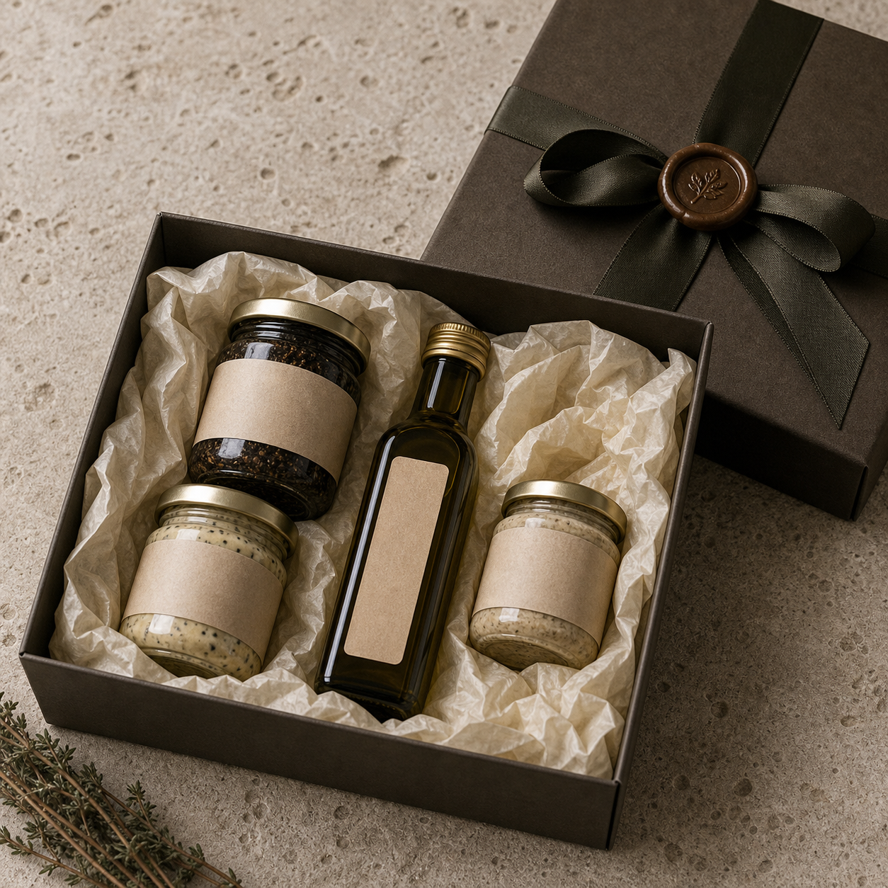 An open Montepulciano Collection gift box with jars and bottles