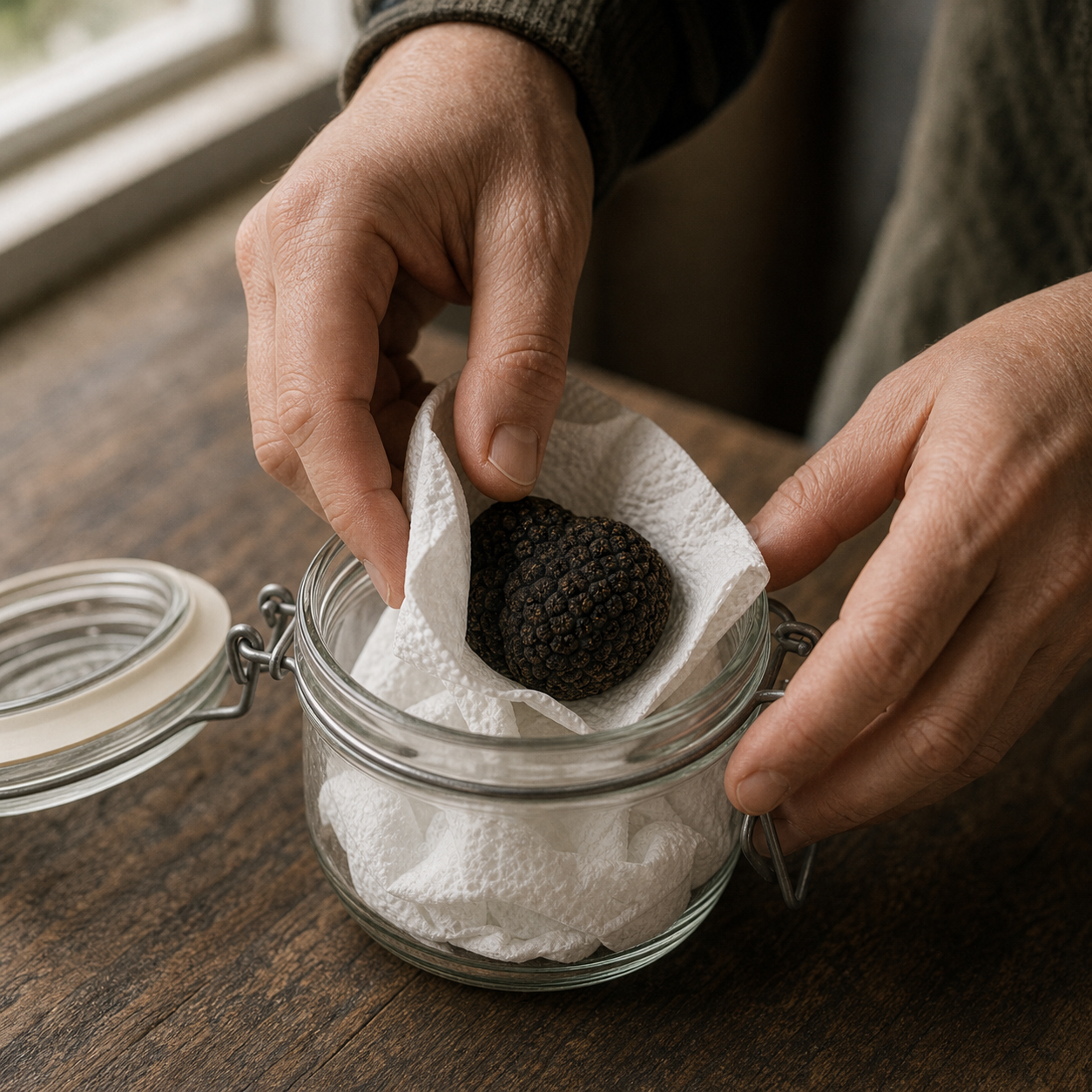 A truffle being stored in a glass jar